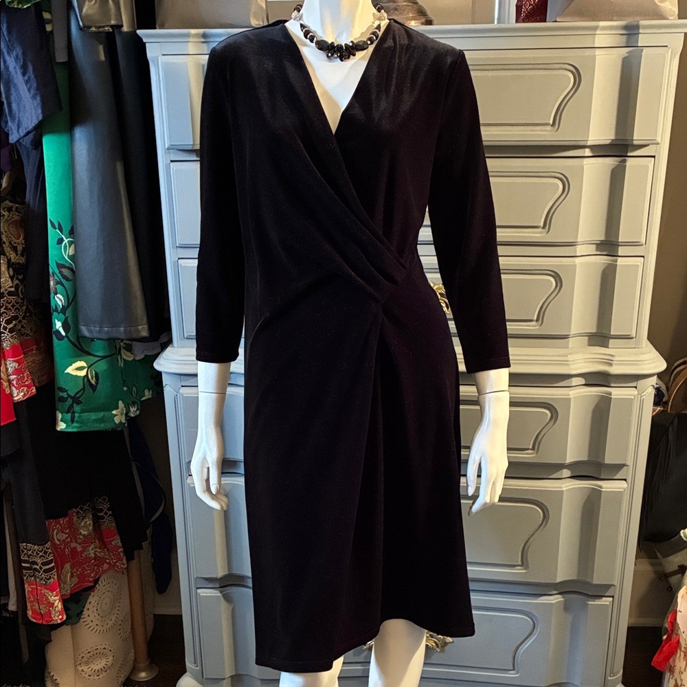 Classic Talbots Black stretch velvet Faux-Wrap Dress S